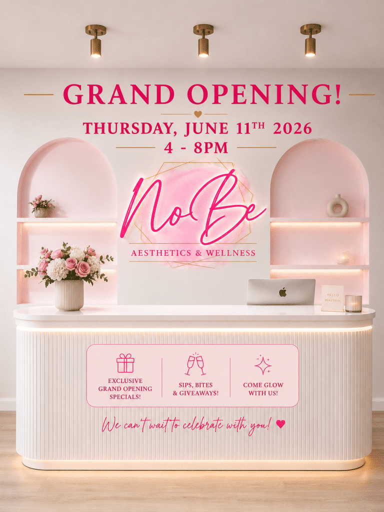Reception desk at a pink-themed aesthetics studio with a bold 'GRAND OPENING' banner and the NoBe logo on the wall above.